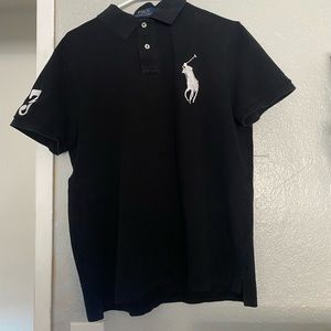 Polo shirt size is large custom slim fit and the color is black and white